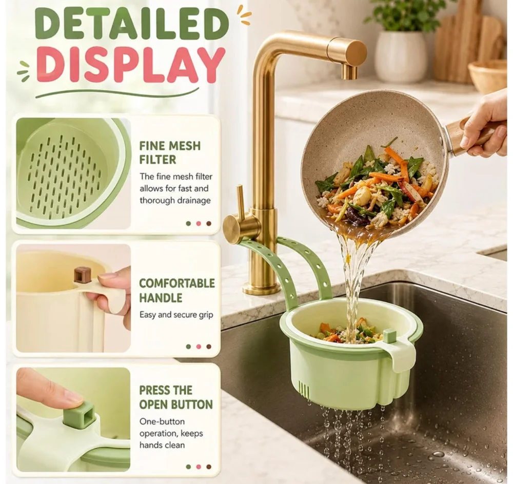 Hanging Sink Drain Basket for Kitchen, Multifunctional With Press-to-Dump Bottom